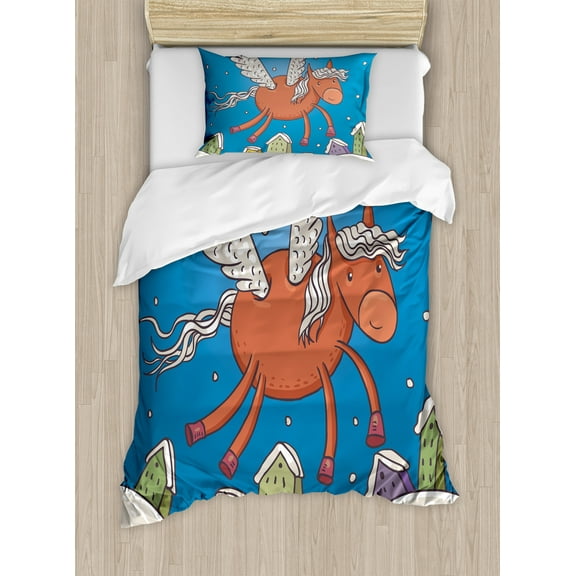 Horse Duvet Cover Set, Vector Illustration of Horse with Wings and the Buildings in Snowy Winter, Decorative 2 Piece Bedding Set with 1 Pillow Shams, Twin Size, Dark Orange and Blue, by Ambesonne