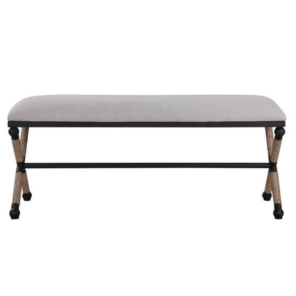 Bowery Hill Contemporary Upholstered Iron Bench in Oatmeal
