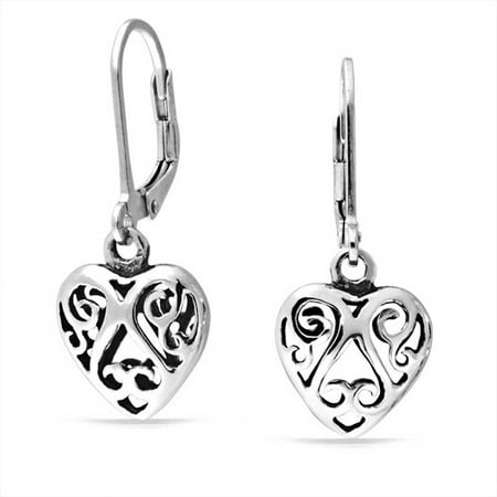 - Open Heart Shaped Filigree Swirl Leverback Dangle Earrings For Women Girlfriend Oxidized 925 Sterling Silver