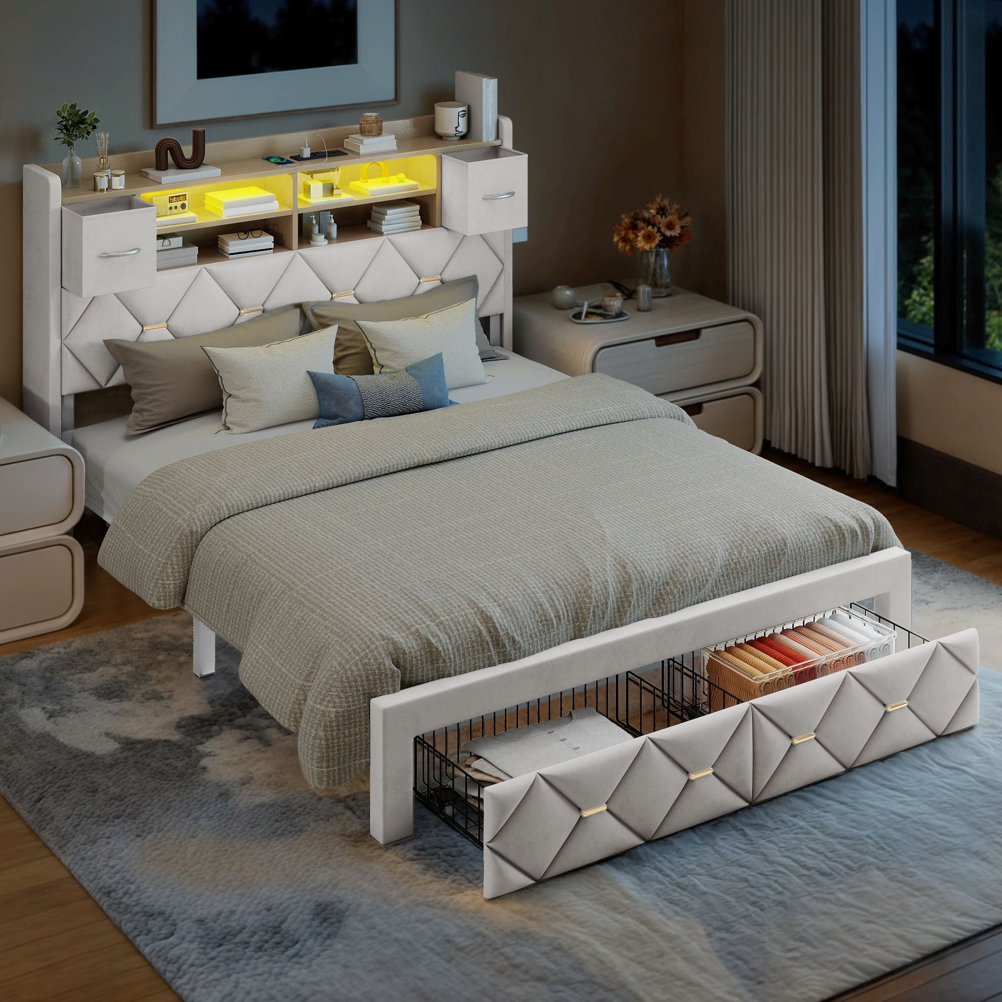 Uforic Queen Size Bed Frame with Storage & Power Outlets, PU Leather Bed Frame with LED Lights, White