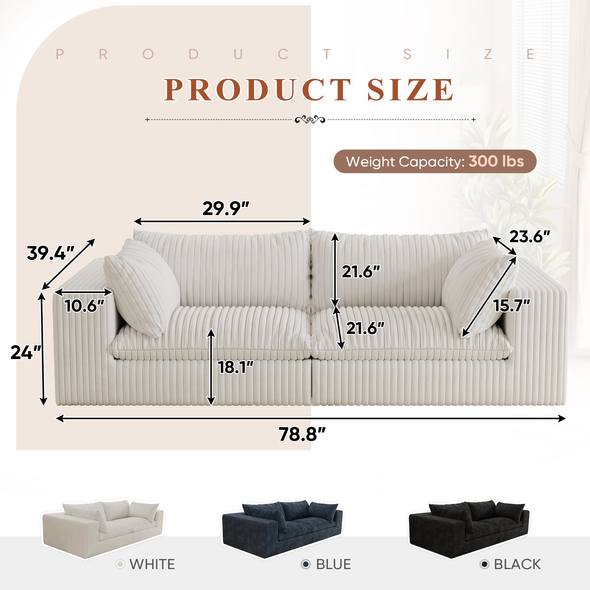 Muumblus 78" Oversized Boneless Loveseat Sofa, No Assembly Deep Seat Plush Corduroy Cloud Couch, Sleeper Sofa for Living Room, White