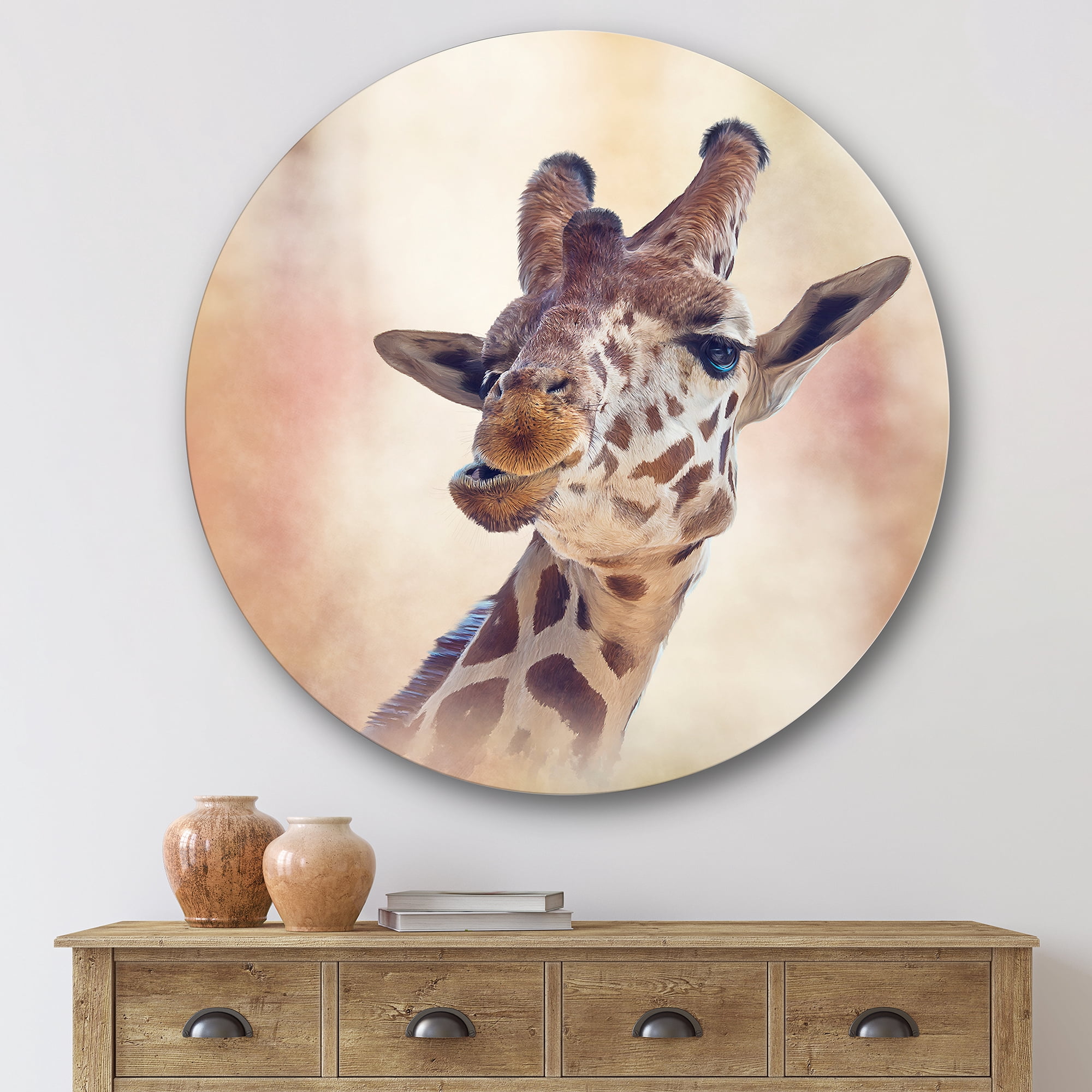 Designart 'Close Up Portrait of A Giraffe VI' Farmhouse Circle Metal Wall Art 36x36 - Disc of 36