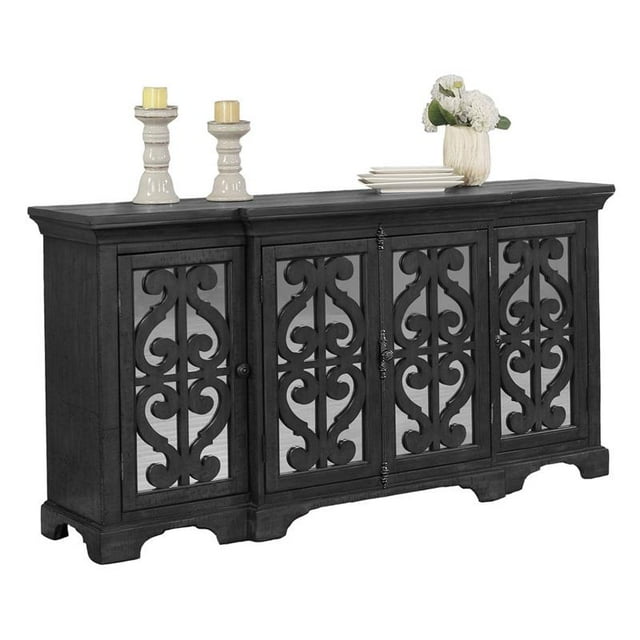 Buffet Buffet en Bois Gris Foncé avec 4 Portes et Façade en Miroir