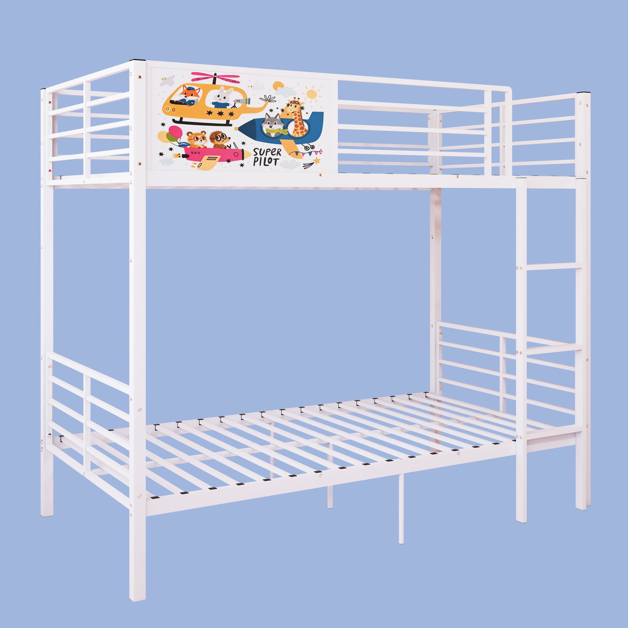 Convertible Metal Bunk Bed Separates into 2 Twin Size Beds, Heavy Duty Frame with Full-Length Guardrail and Ladder, No Box Spring Needed, White