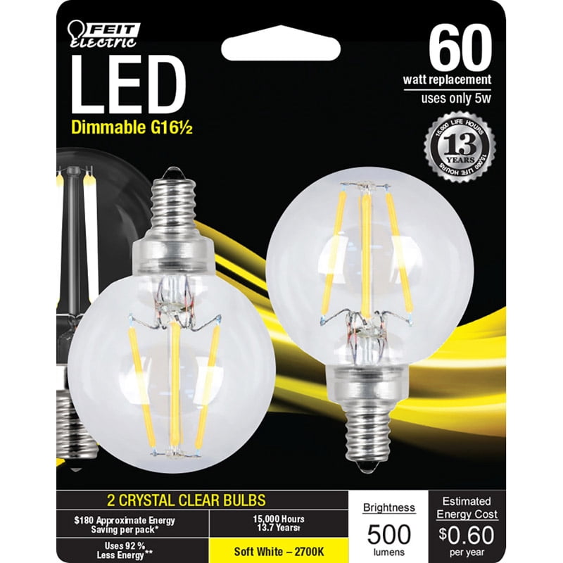 Feit Electric Bpg1660927cafil 5.5 Watt E12 G16-1/2 Soft White Led Dimmable Light Bulbs 2 Count