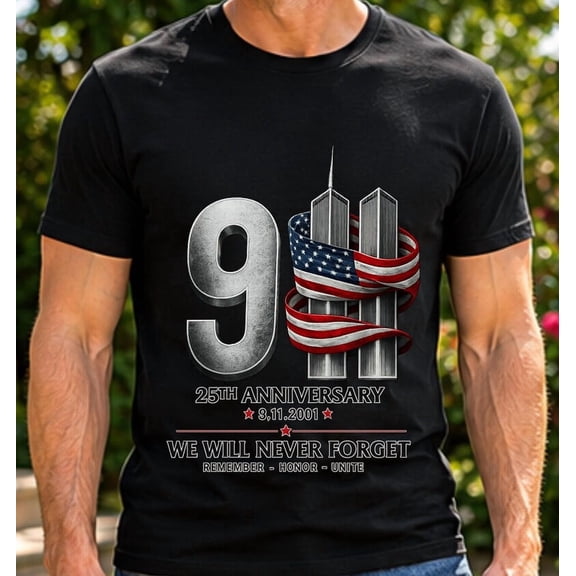 9/11 Memorial Shirt, 25th Anniversary Never Forget T-Shirt, Patriot Day First Responder Gildan 5000 Printed Tee