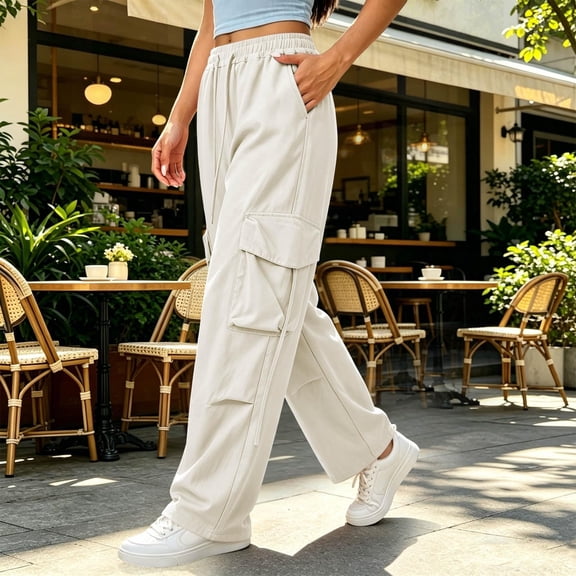 Cargo Pants for women Baggy Streetwear Loose Fit Parachute Pockets Business Casual Pants Beige