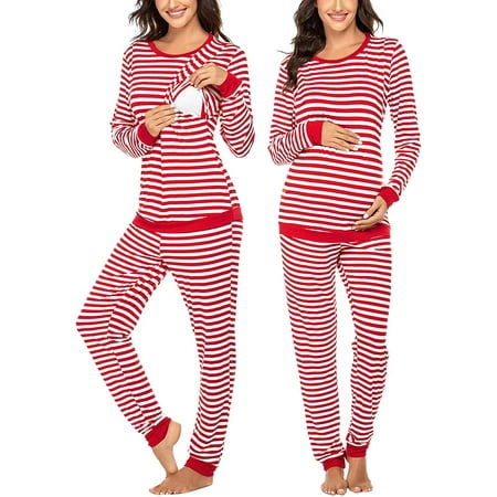 

Maternity & Nursing Thermal Underwear Set Striped Knit Long Johns Set Top & Bottom Base Layer for Pregnant Women