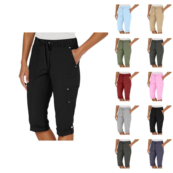 Capri Pants for Women Spring Summer Elastic High Waist Row Up Hem Cropped Hiking Pants with Pockets Womens Capris