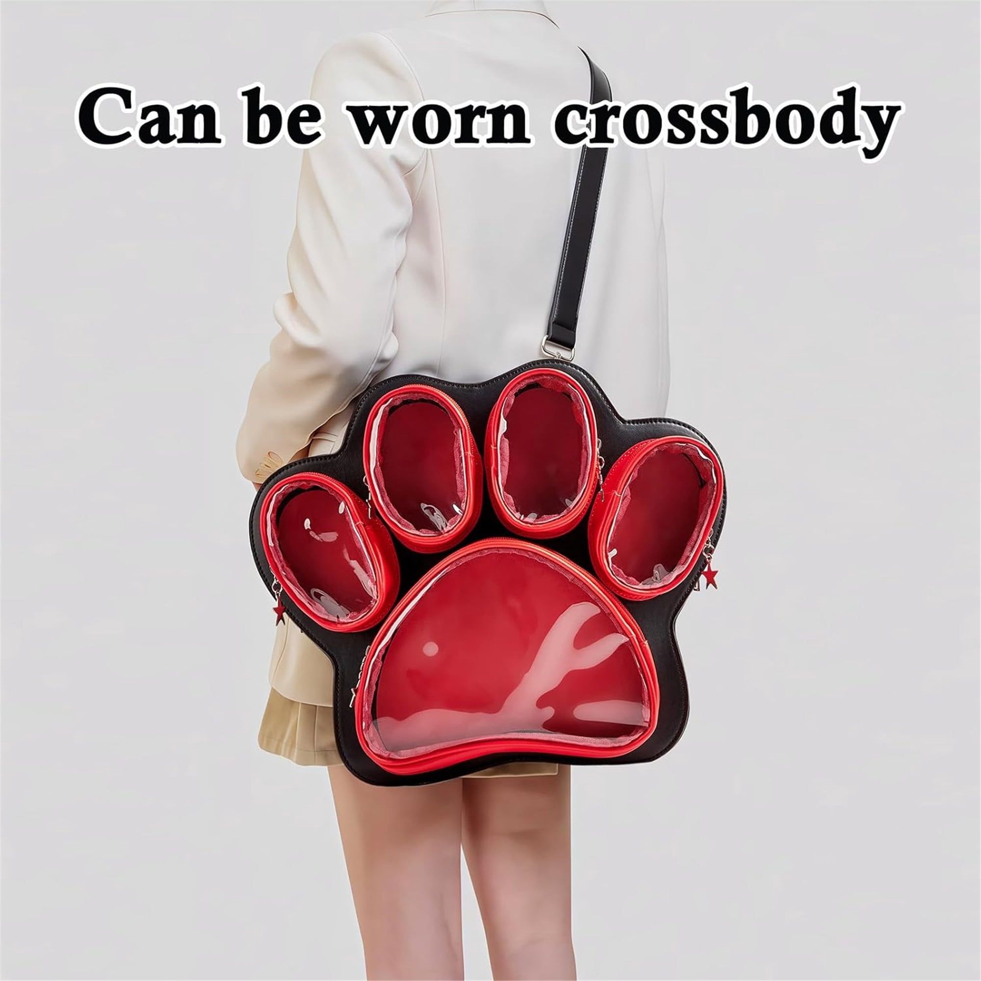 SQDWYGUO Cat Paw Ita Bag Kawaii Cute Backpack Ita Display Backpack with Clear Pocket Pretty Aesthetic Crossbody Shoulder Bag,Red