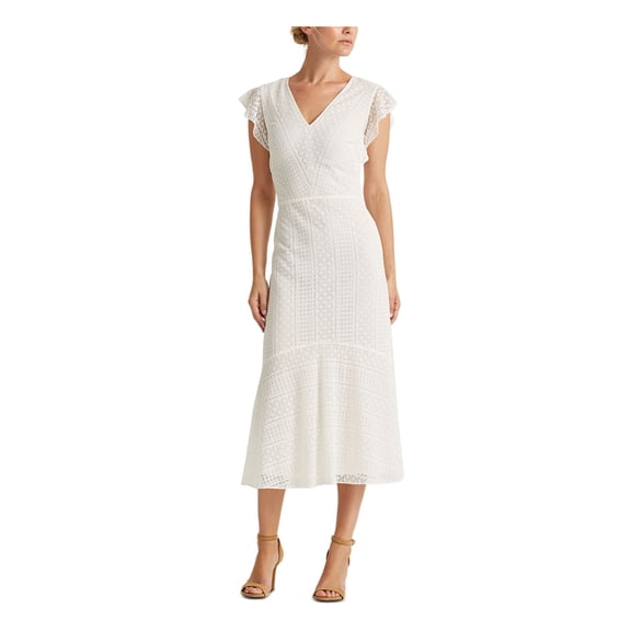 RALPH LAUREN Womens Ivory Cap Sleeve Below The Knee Sheath Evening Dress 6