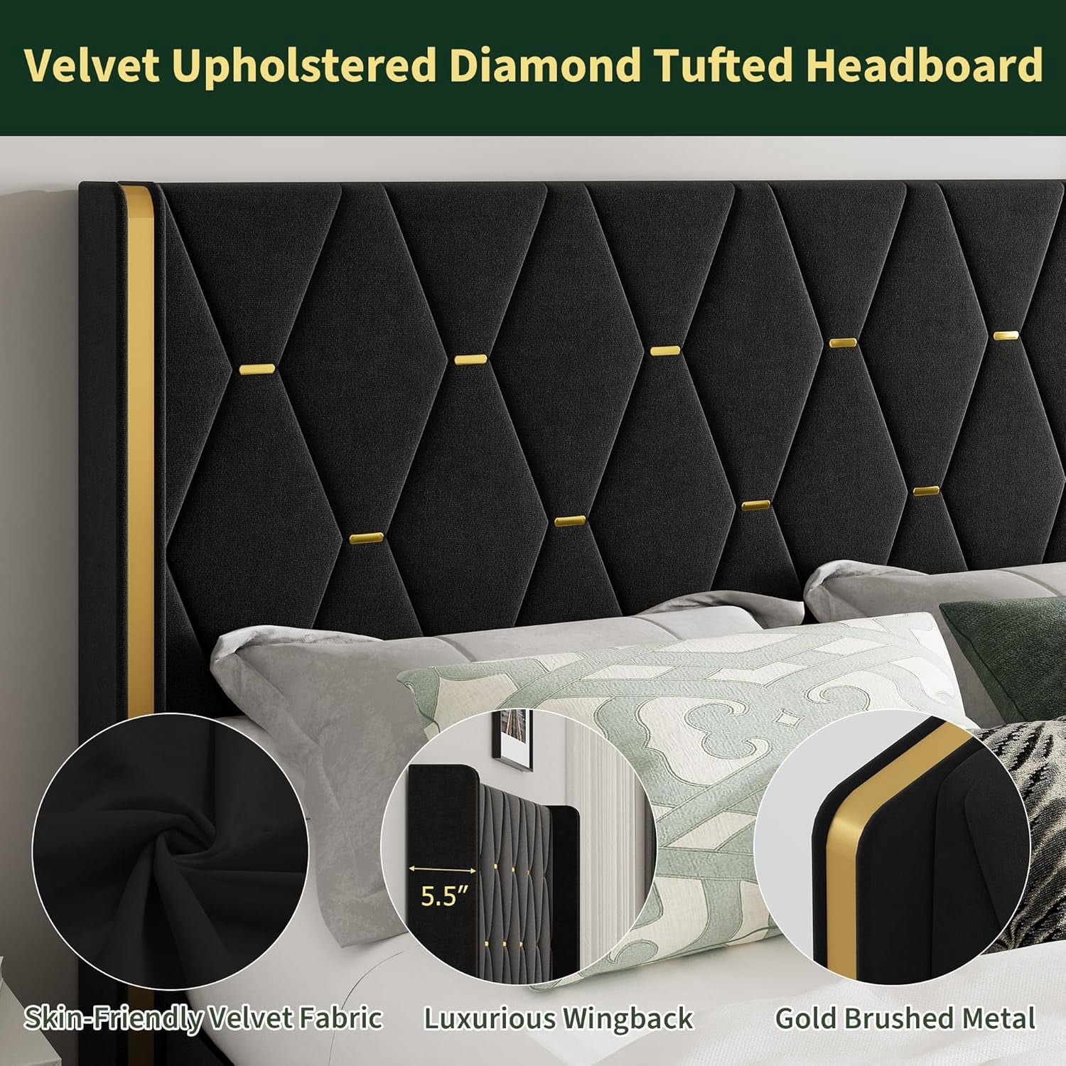 Queen Size Lift Up Storage Bed Frame with with Gold Wingback Headboard, Velvet Upholstered Bed Frame with Diamond Tufted Design & Gold Trim, Hydraulic Support, No Box Spring Needed, Black