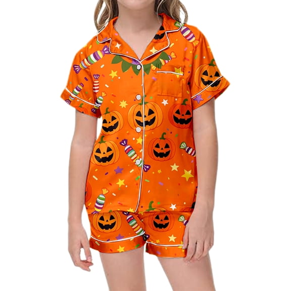 Kids Halloween Pajamas Size 5-6 Years Girls Casual Nightwear Short Sleeve Top and Shorts Cozy Loungewear Girls Pajama Set Orange