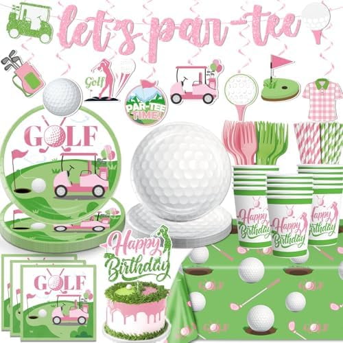 PCS Golf Birthday Decorations Pink Tableware Set, Golf Party Supplies With Banner, Cake Topper, Plates and Napkins, for Golf Themed Birthday Girl/ Women, Service 20 Guests