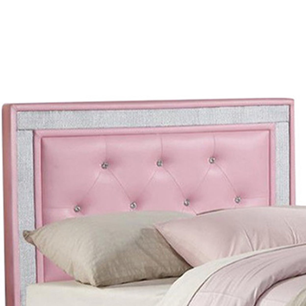 Silky And Sheeny Wooden Full Bed With Pink PU Tufted Head Board, Pink Finish - Saltoro Sherpi