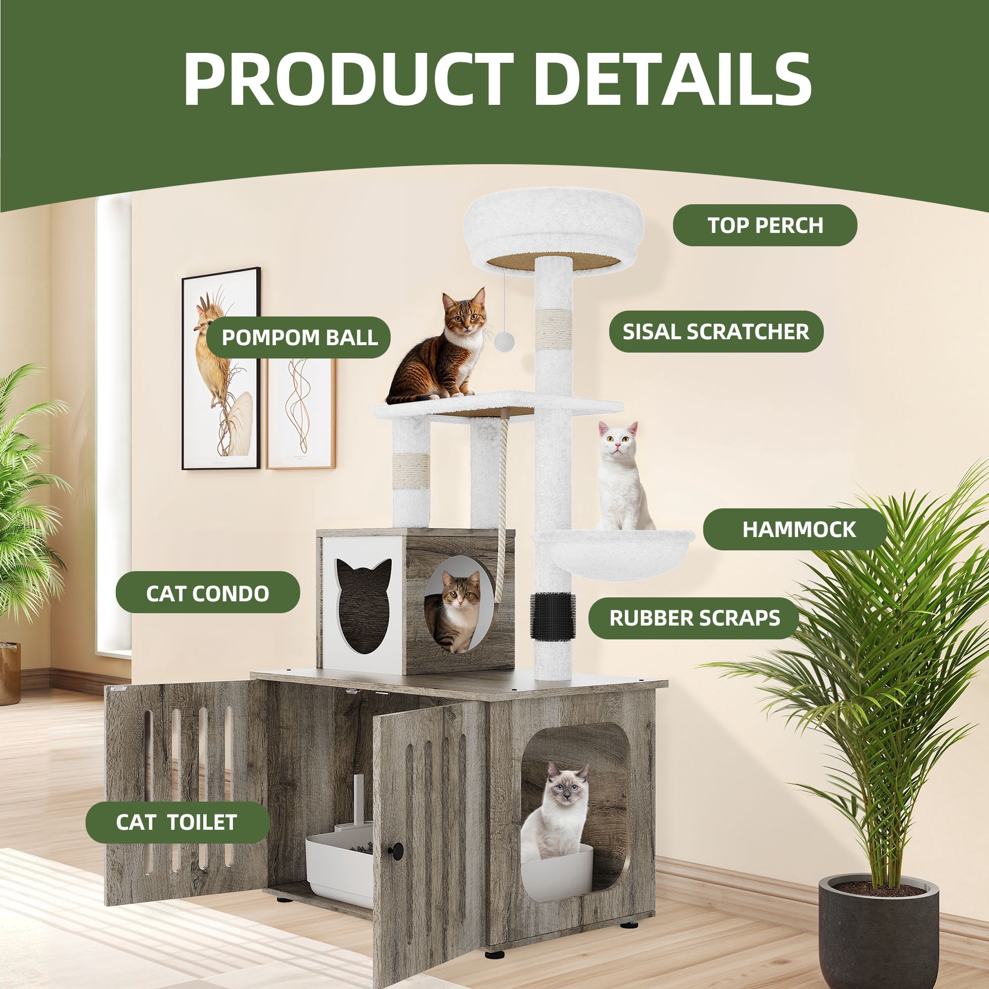 Uforic Cat Tree with Litter Box Enclosure, 2-in-1 Modern Cat Tower Combo, 53.5" Hidden Litter Box Furniture, Gray