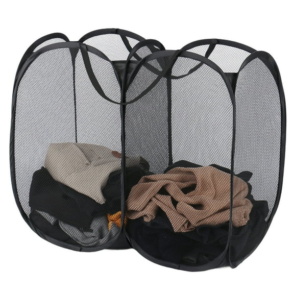 MADIKA 140L Pop-up Laundry Mesh Hamper with 2 Compartments, Dual Laundry Basket Collapsible(Black)