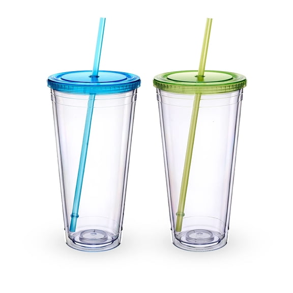 Double Wall Plastic Tumbler with Lid and Straw 32 oz, 2 Pack