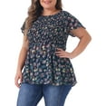 thumbnail image 4 of Agnes Orinda Plus Size Chiffon Blouses for Women Summer Flare Short Sleeve Smocked Ditsy Floral Peplum Top 2X Navy Blue, 4 of 6