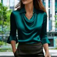 thumbnail image 3 of ZQGJB Womens Elegant Cowl Neck Satin Blouse Ruffled 3/4 Length Sleeve Collared T-Shirts Tops Dressy Business Casual Office Work Silk Shirt Fall Spring Outfits Green L, 3 of 8