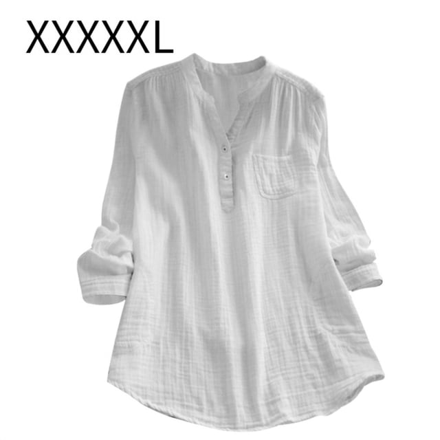 Camisa de mujer Manga larga Primavera Otoño Blusa Cuello en V Chica Top suelto, Blanco, 5XL Kearding AP000936-23