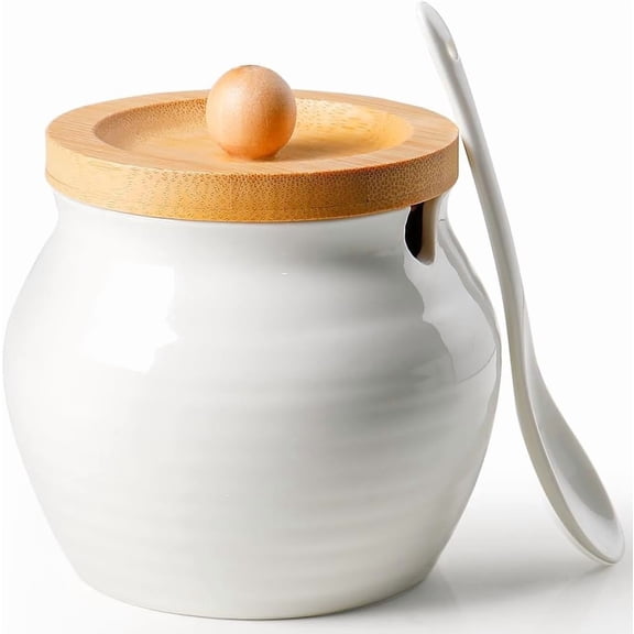 Sugar Bowl with Lid and Spoon: 13oz Sugar Jar with Bamboo Lid,Ceramic Sugar Container for Coffee Bar - Countertop,Kitchen Decor, White