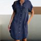 thumbnail image 4 of Vestido Vestido con botones para mujer Vestido de mezclilla desgastado de color sólido Vestido de desplazamiento diario Kuymtek Azul marino T M para Mujer, 4 of 6