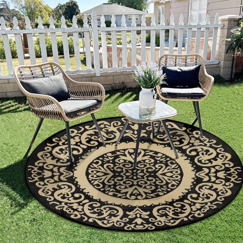 Aonewoe Round Outdoor Rugs 8Ft Waterproof Patio Plastic Straw Rug Reversible Camping Carpet Indoor Outdoor Area Rug for Patio,Deck,Balcony,Picnic,Beach,Outside