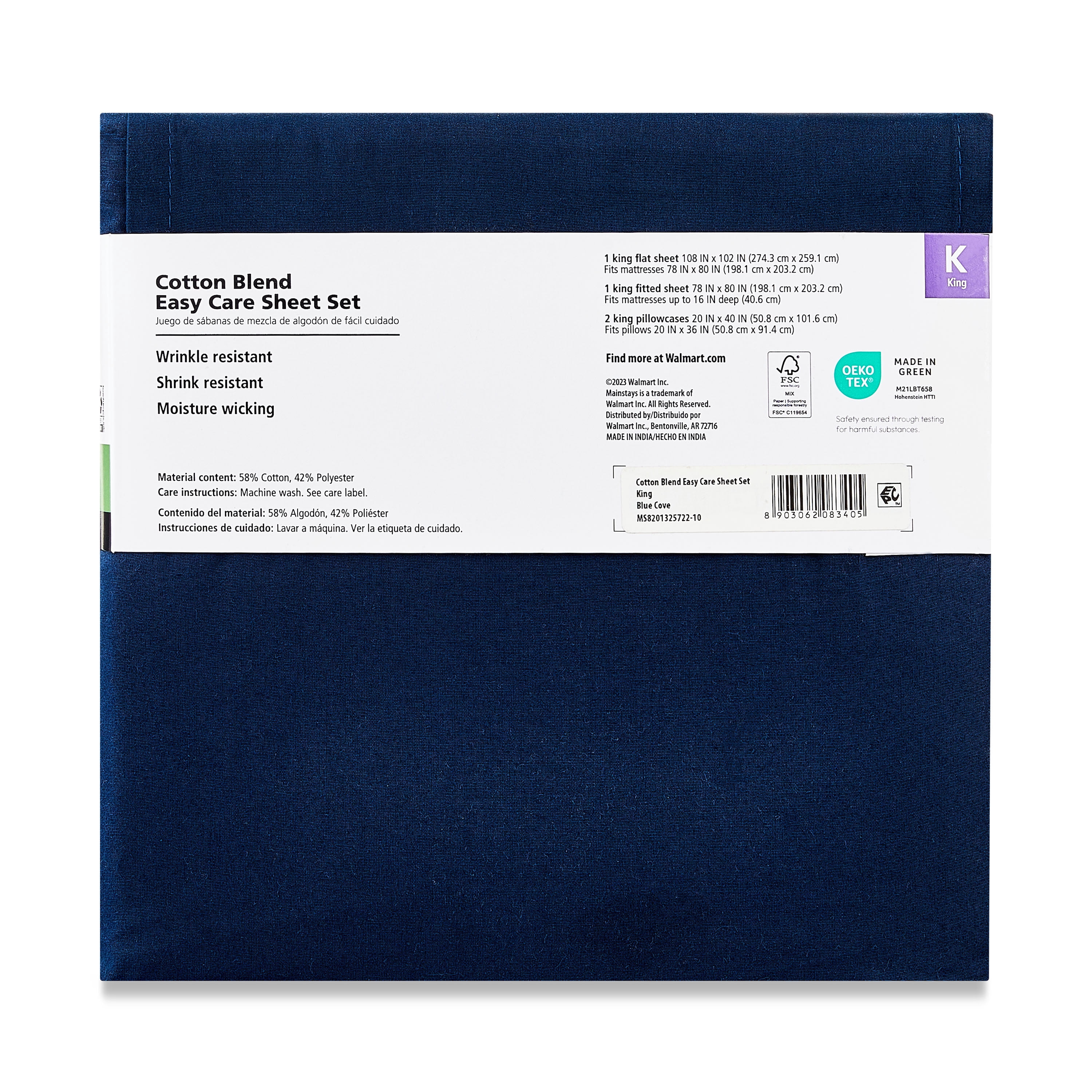 Mainstays 4-Piece 300 Thread Count Blue Cove Cotton Blend Percale Bed Sheet Set, King