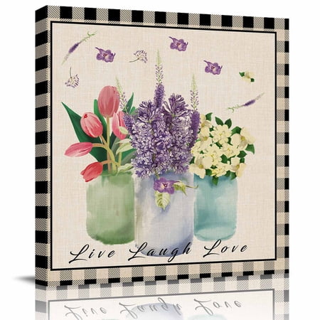 Wall Art Prints Spring Floral Tulip Framed Canvas Prints for Bedroom Living Room Bathroom Office Black Check Buffalo Gallery Wrap Wall Art Poster for Gifts Home Decor 20 x20