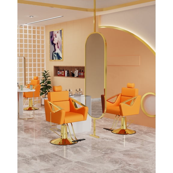 Baasha Premium Reclining Salon Chair with Adjustable Backrest & Removable Headrest, Heavy Duty Styling Chair with Durable Steel Frame, Elegant Stylist Chair with Comfortable Seat Cushion - Orange