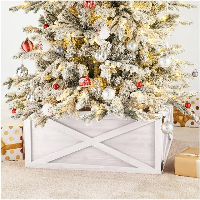 Collar para árbol de Navidad Glitzhome madera blanca lavada 22 L