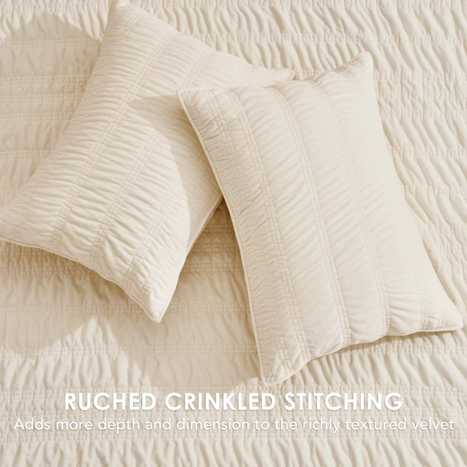 EVERGRACE Velvet Quilt King Size, Luxury Velvet Bedding Set, Ultra Soft Ruched Quilt Sets, Lightweight Comforter Vintage Textured Bedspread Coverlet with 2 Shams for All Season, Cream White