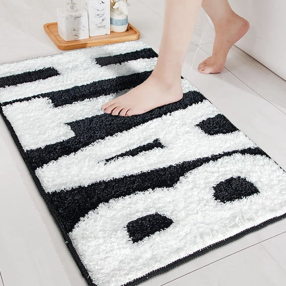 Fmxomd Black and White Bathroom Rugs, Bath Letters Non Slip Bathroom Mat, Soft Absorbent Cute Bath Mat, Machine Washable Quickly Dry Comfortable Bathmat for Bathtub, Bedroom, Shower, 16"x24"