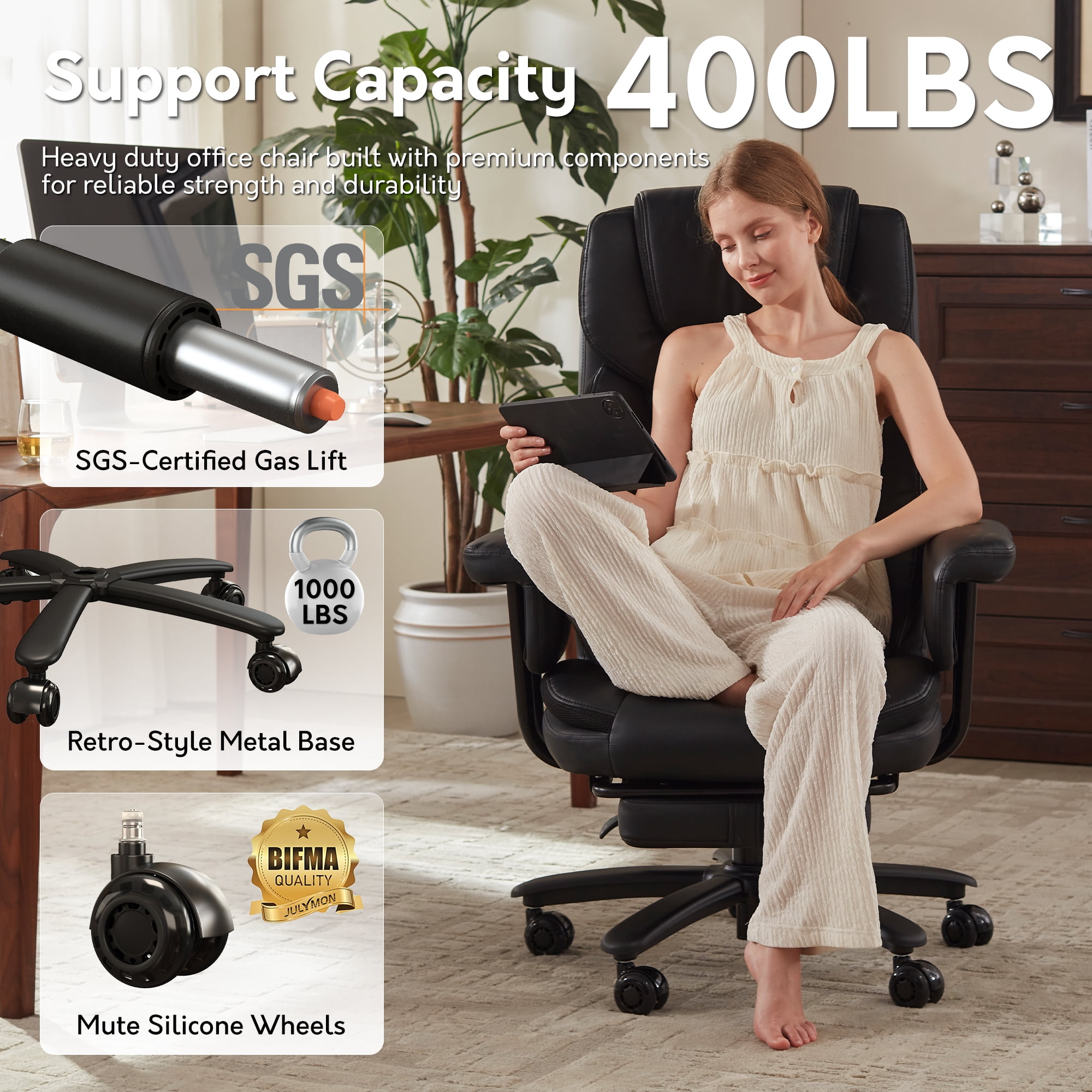 Genpo Reclining Office Chair Big and Tall 400LBS, Executive Office Chair with Footrest, Black Leather Computer Desk Chair with Quiet Wheels, Height Adjustable And Padded Arms