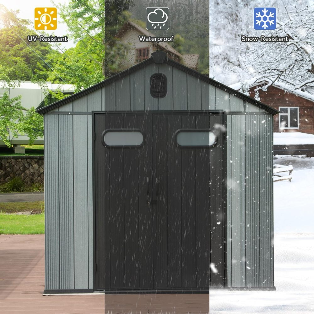 Outdoor 6x6 FT Resin Storage Shed – Waterproof Plastic Shed with Lockable Door, Windows, and Vents for Garden Tools, Patio Furniture, and Lawn Mower