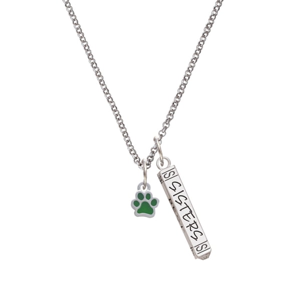 Delight Jewelry Silvertone Mini Translucent Green Paw Silvertone Sisters Best Friends Forever Bar Charm Necklace, 23"