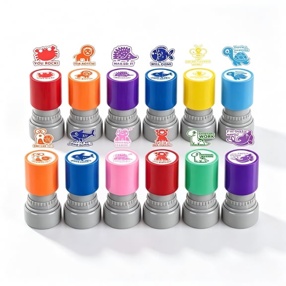 LTjunh 12‑Pack Motivational Teacher Stamps, Self‑Inking Colorful Rubber Stamps, Refillable Encouragement Stamps for Homework Grading, Classroom Feedback & Positive Student Reinforcement Supplies