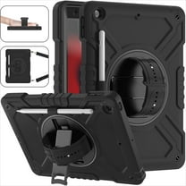 Decase for for iPad 9th/ 8th/ 7th Gen Military Grade Protection Case,Built-in Rotation Ring Stand,with Shoulder Strap & Hand Strap,with Pen Holder,Rugged Shockproof Heavy Duty Case Cover,Black