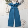 thumbnail image 6 of Spring Outfits For Girls Tween Girls Clothes Girls Jumpsuit Kids Fashion Spaghetti Strap Off the Shoulder Belted Wide Leg Romper One Piece Summer Outfits Blue 7-8 Years, 6 of 9