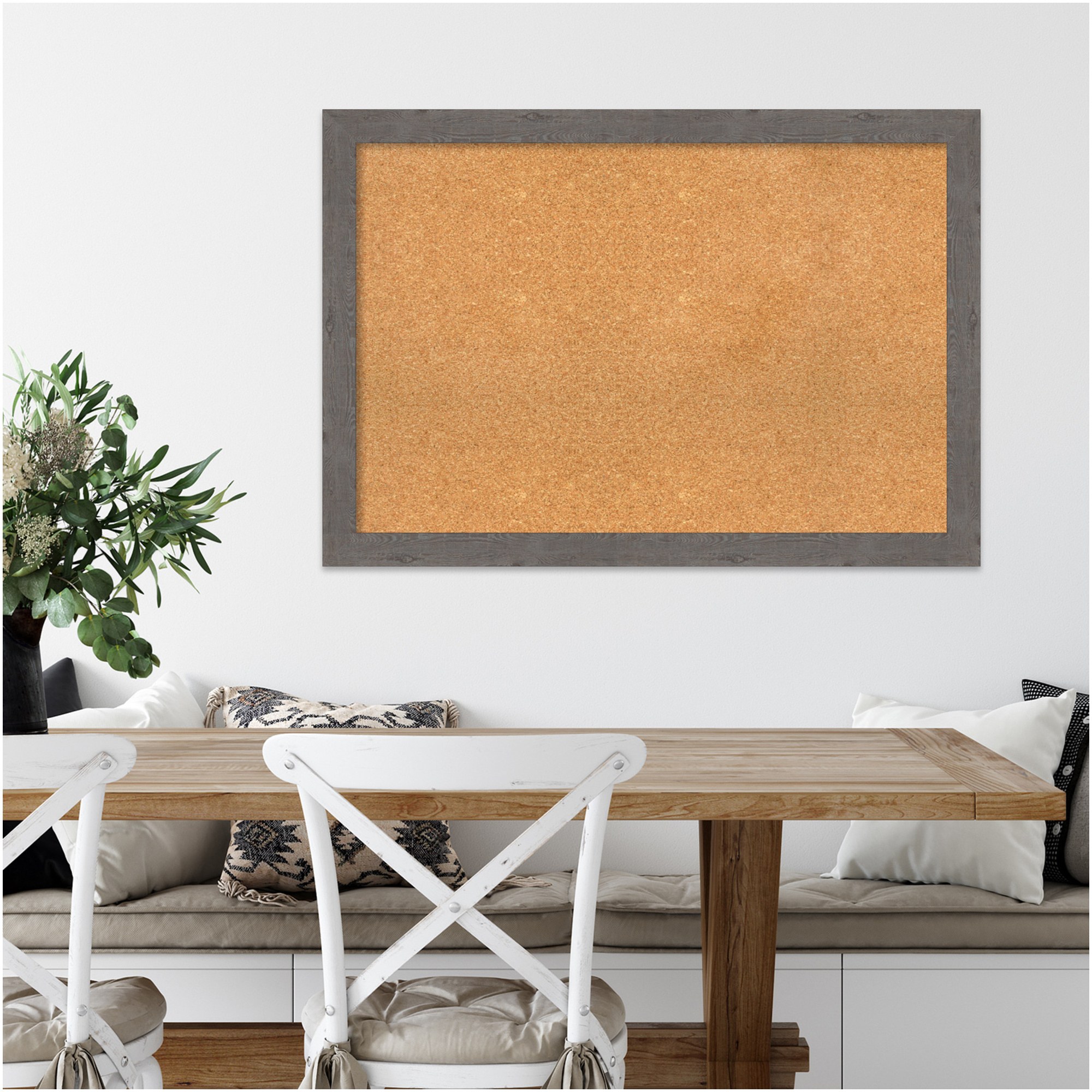 Amanti Art Natural Cork Board Framed Rustic Plank Grey Narrow Bulletin Board 39 in. x 27 in.