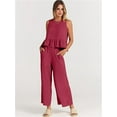 thumbnail image 3 of JUNWELL Women‘s New Summer Suit Solid Color Casual Sleeveless Pleated Round Neck Vest Button Wide Leg Nine-point Pants Two-piece Set, 3 of 7
