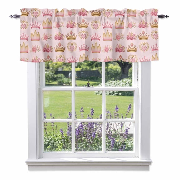 Pink Flowers Valances for Windows Love Princess Crown Rose Abstract Floral Rod Pocket Cafe Window Treatments Valance Curtains for Kitchen Bathroom Laundry Basement Windows 60"x14"