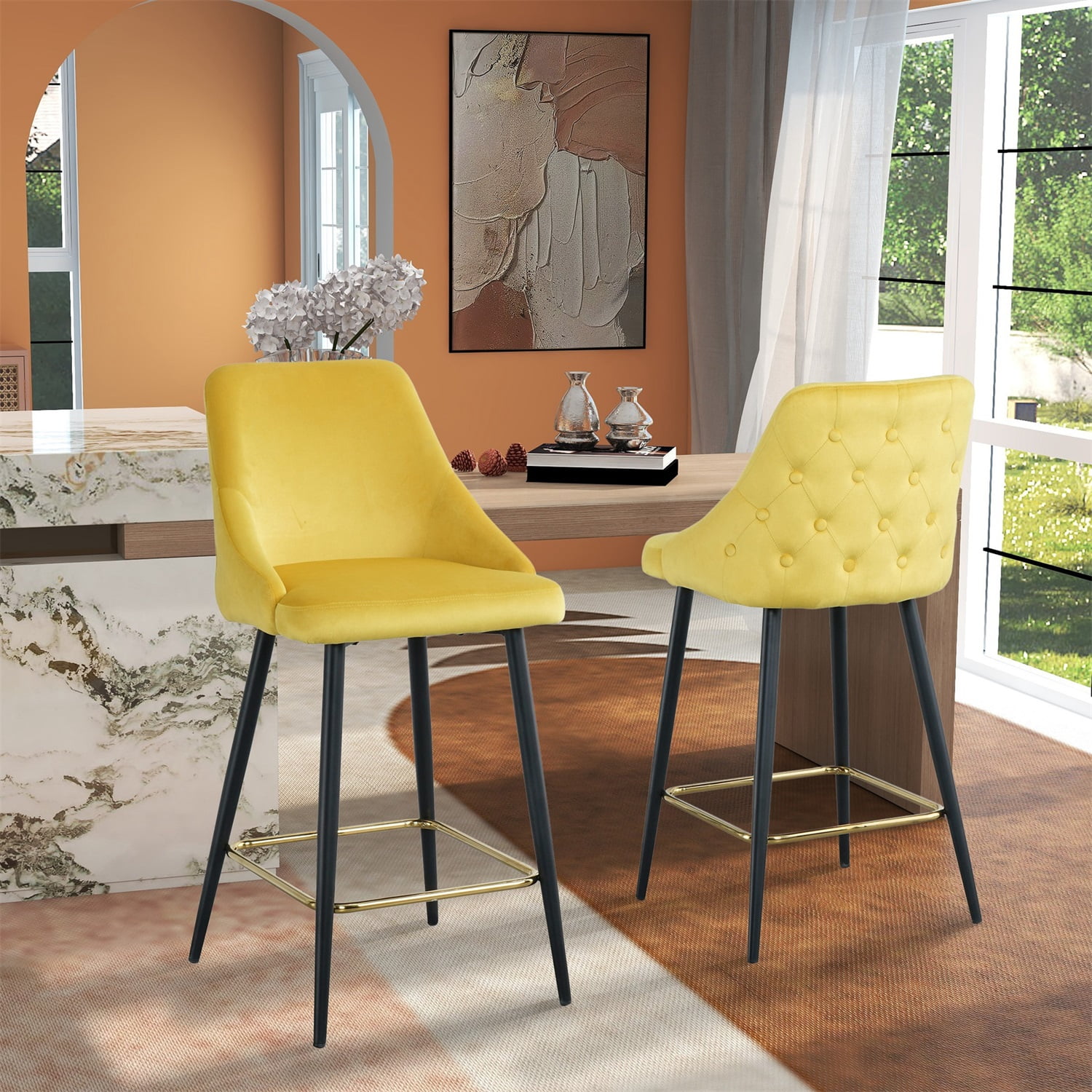 Kadyn Upholstered High Bar Stool Chair Set of 2, Modern Foam Bar Stools with Gold Legs, Bar Dining Chair for Dining Room, Yellow
