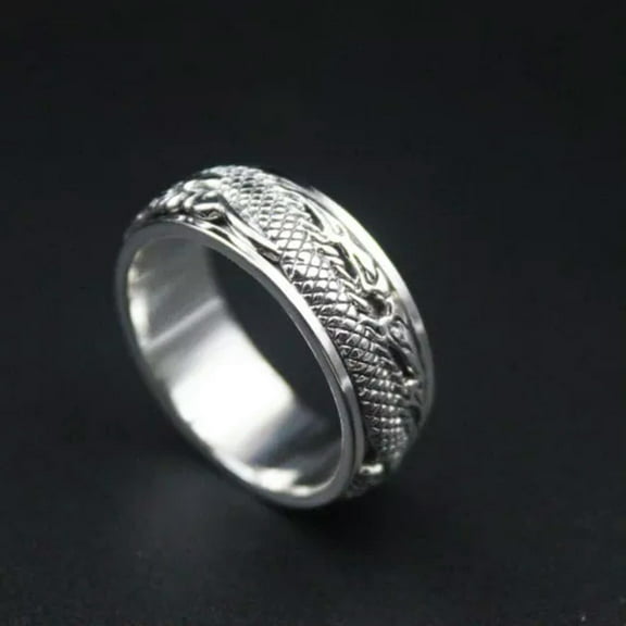 K-KED Sterling Silver Rings Size 8-12 for Men Vintage Silver Dragon Turnable Ring-9