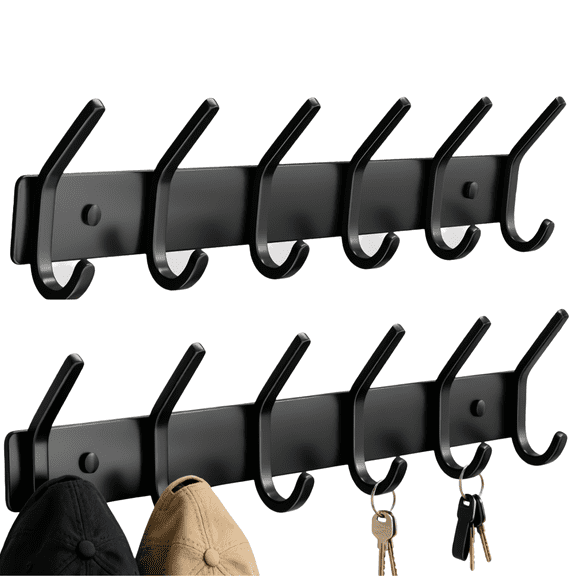 2 Pack 15" Black Metal Wall Mount Hooks – 6-Hook Organizer Wall Mounted, Entryway& Bathroom Hanger for Hats, Towels, Purses,Light Jackets