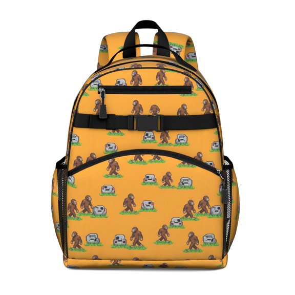 Bigfoot and Pixel Orange Pattern Cute School Backpack Bag for School with Padded Back and Adjustable Shoulder Straps 15.25"x11.5"x5.25"