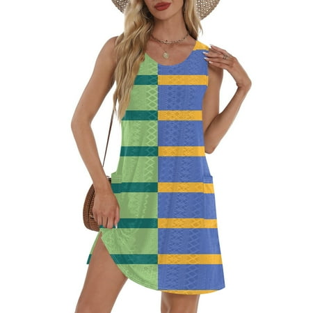 GXIPO Eyelet Swimdress for Women Swing Flowy Sun Dresses Sleeveless Bikini Beach Cover Up Summer Dresses for Women 2025 Vacation Striped Bathing Suit Cover Up with Pockets Green L