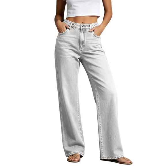 AherBiu Juniors Jeans for Women Straight Leg Loose Fitted Button Waisted Streetwear Denim Pants with Pockets