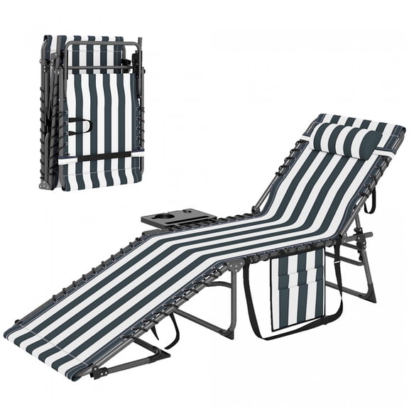 Folding Chaise Lounge Pool Chair 5-Position Reclining Outdoor Lounger with Side Tray & Pillow Blue/White Stripe Gray